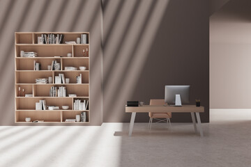 Stylish office interior with workspace, pc computer and shelf. Mock up wall