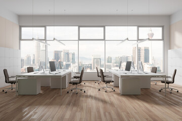 Cozy office interior with coworking space and panoramic window