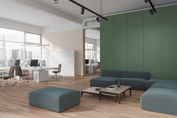 Cozy workspace interior table and armchairs in row, chill space with couch