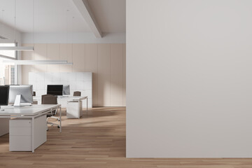 White coworking interior with chairs and desk, panoramic window. Mock up wall