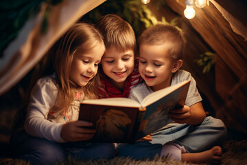 Sceme capturing a heartwarming scene of a loving mom reading enchanting bedtime stories to her children. Ai generated