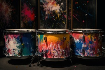 Drums adorned with vibrant paint splatter. Generative AI