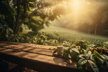 Coffee plantation with sun rays, brewed coffee on wooden table with beans and plants. Horizontal arrangement. Generative AI
