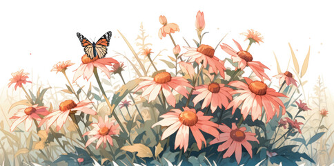 Watercolor Vintage Coneflower Design with Complementary Colors Background