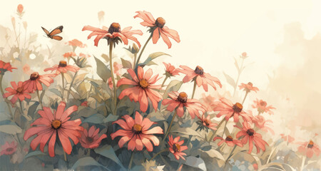 Watercolor Vintage Coneflower Design with Complementary Colors Background