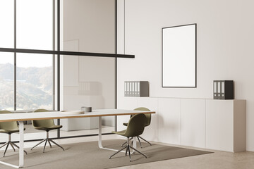 Cozy office interior with meeting table and window, sideboard and mockup frame