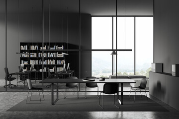 Office interior with conference zone and coworking space, panoramic window