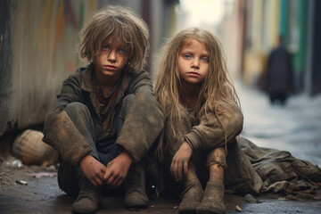 Harsh reality of impoverished children on the streets, begging for survival.  Ai generated