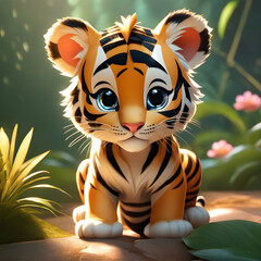 Cute tiger in the magical adventure digital animation