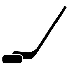 Ice hockey stick and puck icon. Black and White line art style, editable vector Illustration file on transparent background.