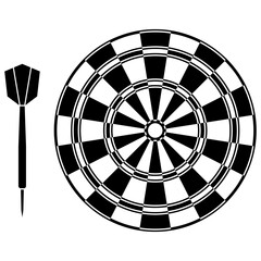 Dart arrow and dartboard icon. Black and White line art style, editable vector Illustration file on transparent background.
