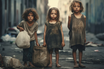 Harsh reality of impoverished children on the streets, begging for survival.  Ai generated