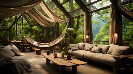 Obraz na płótnie Canvas Ecology or eco-lodge house interior with green plants, adorned with hammocks and various greenery, creating a serene and relaxing ambiance, surrounded by the natural beauty, AI Generative