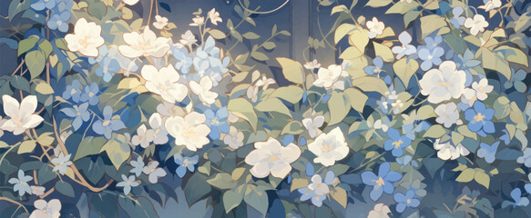 Vintage Jasmine Theme with Night-blooming Fragrant Climbing Vine © V1hr