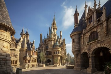 Fototapeta na wymiar A stunning view of a fantasy city castle on Main Street. Generative AI