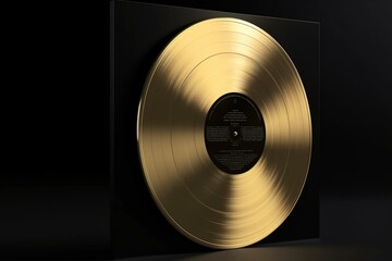 3D rendering of a gold vinyl disc with a black blank label, isolated on a black background. Generative AI