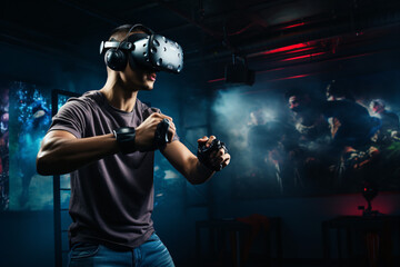 Fototapeta na wymiar Man playing a virtual reality game in a studio