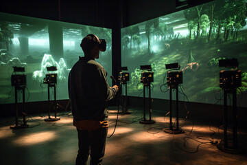 Man playing a virtual reality game in a studio