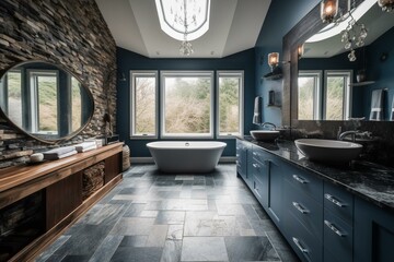 Bathroom with blue tones and a natural stone floor. Generative AI