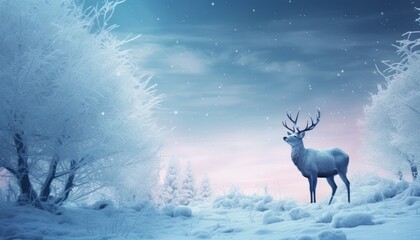 Reindeer in snowy frozen landscape. Dreamy scene with deer in snowy forest. Wild nature Christmas concept.