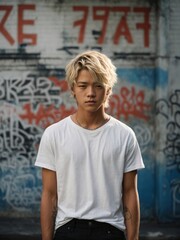Fototapeta na wymiar Blond asian young man wearing t-shirt and jeans standing in front of a wall with graffiti for Mockup
