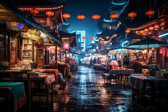 Vibrant and bustling night market street in China