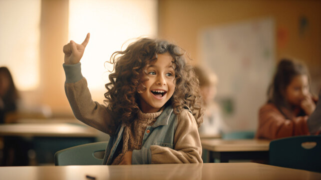 Ni&ntilde;a sonriente levantando la mano en clase