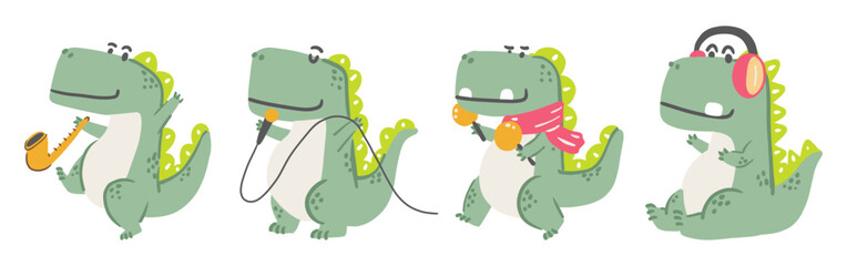 Set of Tyrannosaurus Rex . Cute dinosaurs cartoon characters . Hand drawn style . White isolate background . Vector .