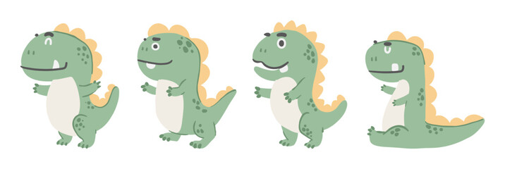 Set of Tyrannosaurus Rex . Cute dinosaurs cartoon characters . Hand drawn style . White isolate background . Vector .