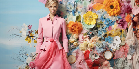 A fashion mood board in a dreamy watercolor style: diverse fabric swatches, cutouts of fashion models, vibrant color palette, an assortment of buttons and beads