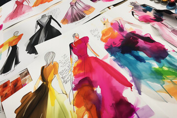 A graphic representation of fashion design sketches in progress: bold line drawings, splashes of watercolor, fabric samples, neon color palette, dynamic composition