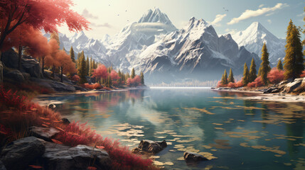 3d beautiful  landscape, mountain and lake - obrazy, fototapety, plakaty