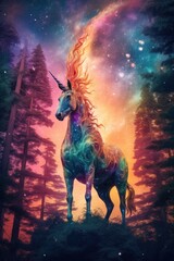 A painting of a unicorn standing in a forest