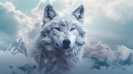 A white wolf with blue eyes standing in front of a mountain range