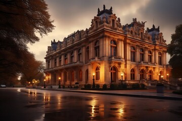 Fototapeta premium Majestic sandstone building illuminated at dusk