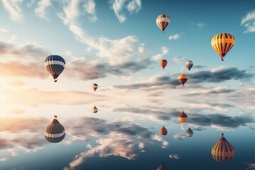 A group of hot air balloons floating in the sky