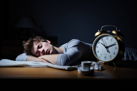 Exhausted man has fallen asleep on table next to mug of coffee and clock, depicting struggles of balancing work and rest.