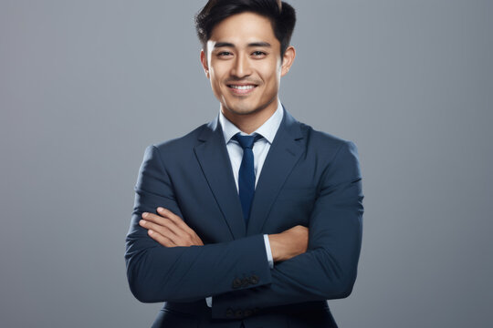 Confident portrait of young Asian business man dressed in sharp blue suit and blue shirt, exuding professionalism and confidence.