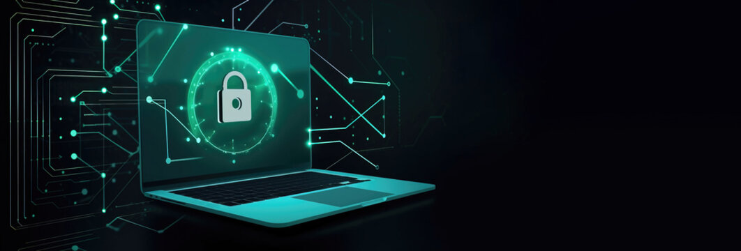 Computer electronic security concept. Neon castle, dark background. AI generated.