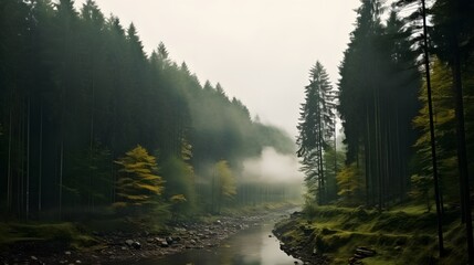 River in the forest, misty morning in the forest, AI generative