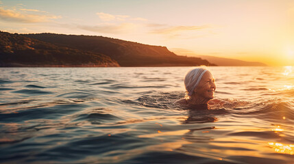 Senior woman swimming in the Sea/Ocean - enjoying active retirement, having fun, taking care of himself, staying fit