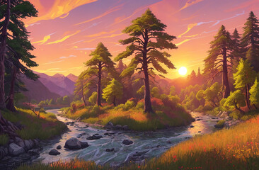 Idyllic landscape with sunrise over a forest river. Decorative painting landscape.