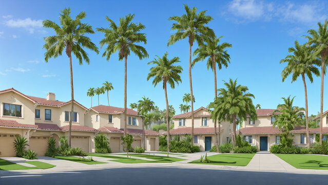 Row of houses and palm trees in front of them. Decorative cityscape in animation style.