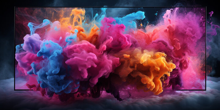 TV Fernseher mit gigantischer Holi Farben Explosion als Pr&auml;sentation, ai generativ