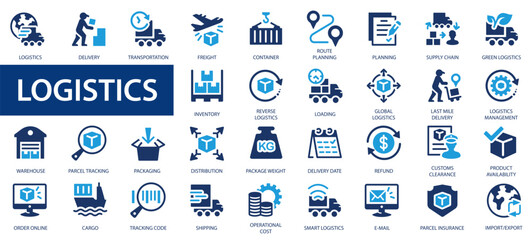 Logistics symbols icon set. Delivery, Logistics and Shipping icon collection. - obrazy, fototapety, plakaty