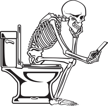 Human skeleton sitting on a toilet holding mobile phone