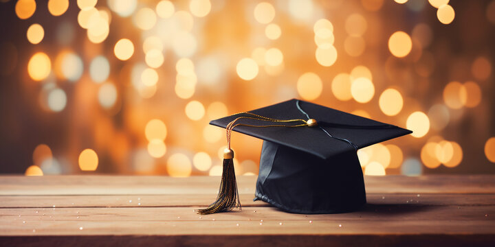 Absolventenhut f&uuml;r Schulabschlu&szlig; und Doktor Titel mit golden Bokeh im Hintergund, ai generativ