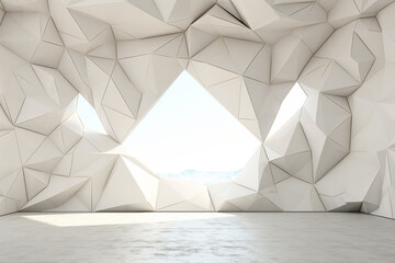 Abstract white 3d interior with polygonal pattern on the wall