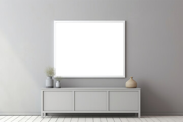 Grey gallery room interior with drawer and decoration, mockup frame 