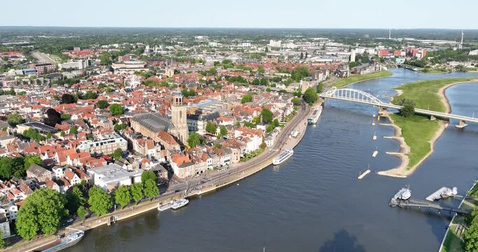 Aerial drone view of urban view on Deventer city and the Ijssel river